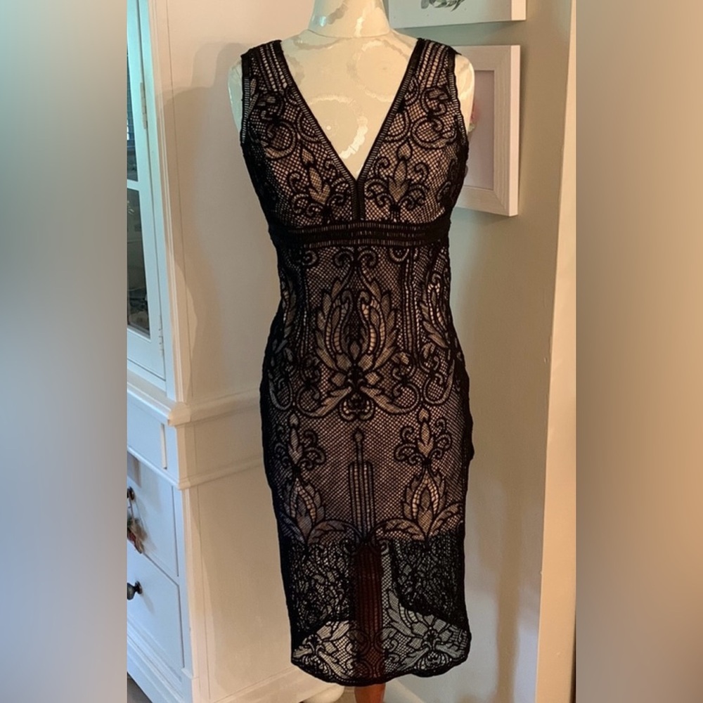 Bardot Embroidered Black Nude Illusion LBD Sleeveless Zip Sheath Chic Dress 6